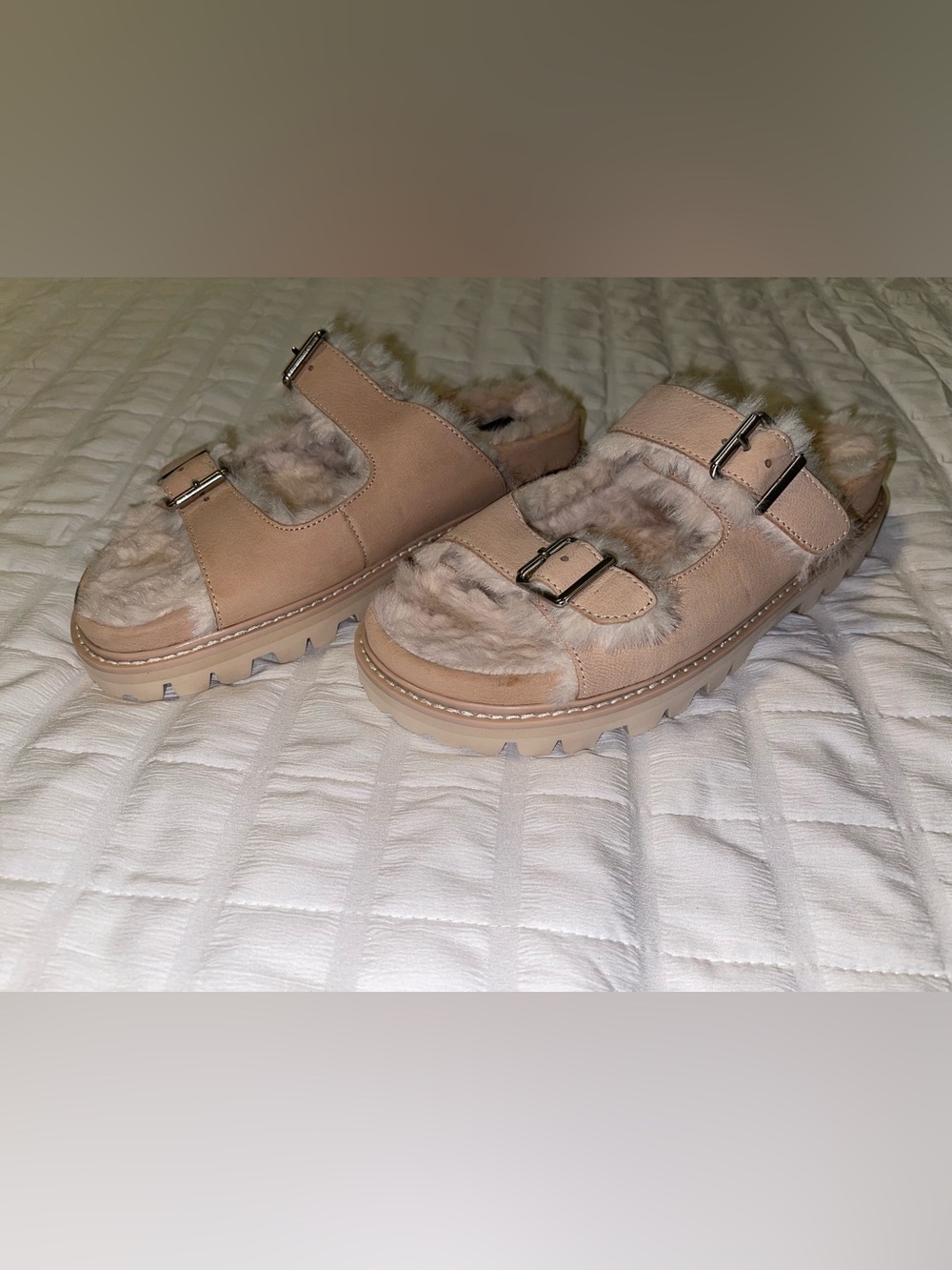 Dolce Vita Beige Faux-Fur Lug Slide Mules